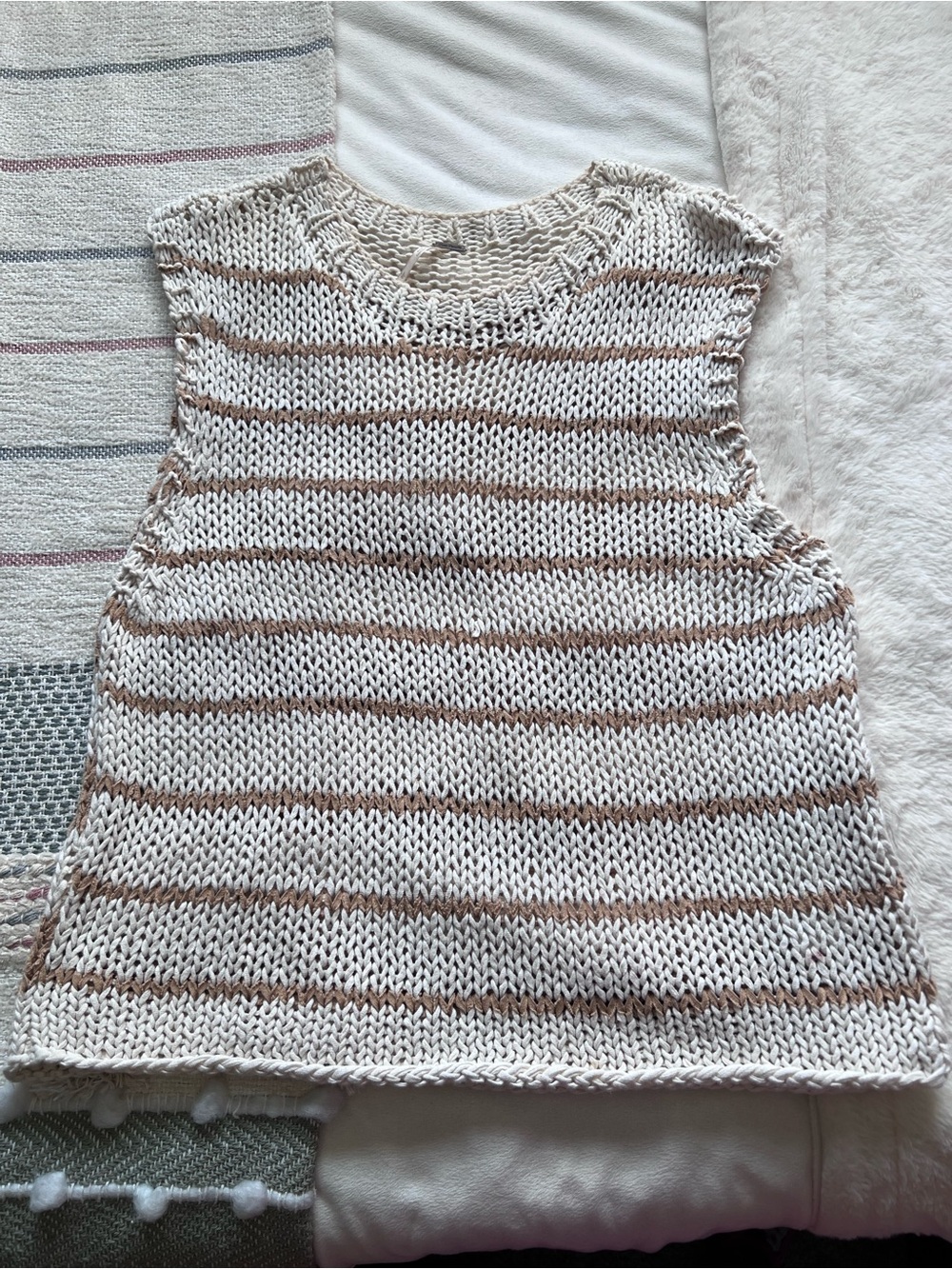 Free People Sleeveless Knit Sweater - White & Tan Stripe